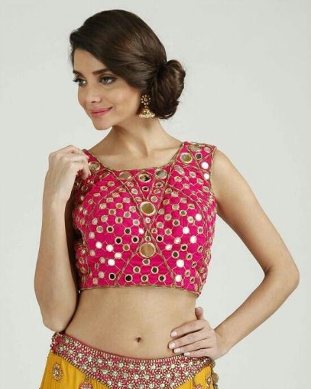 Semi U Shape Pink Rajasthani Mirror Work Blouse