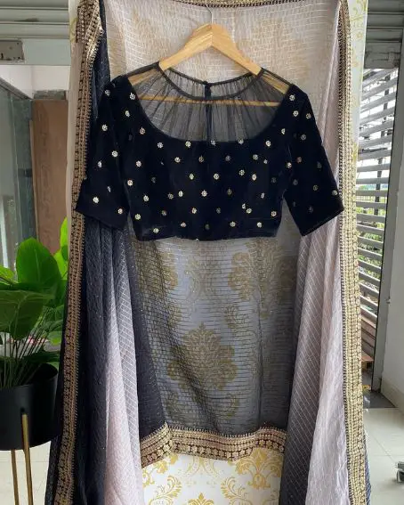 Sheer Yoke Half Net And Half Velvet Blouse