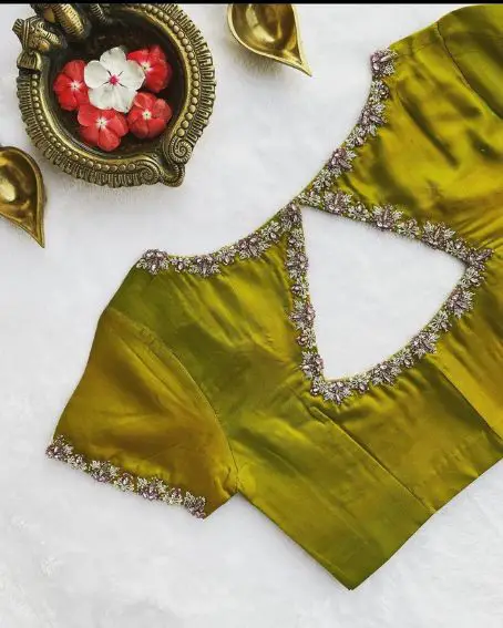 Simple Aari Work Back Neck Designer Green Color Blouse