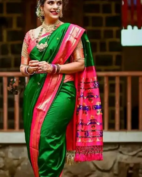 Traditional Peshwai Dark Green Color Nauvari Saree With Pink Pallu