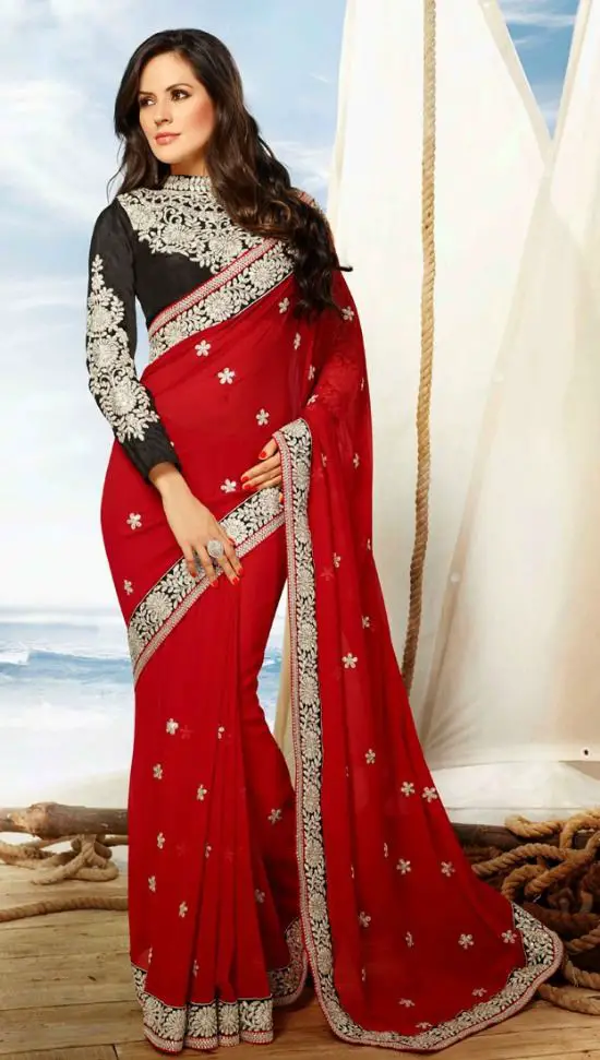 Transcendent Red Color Chiffon Party Wear Saree With Black Blouse