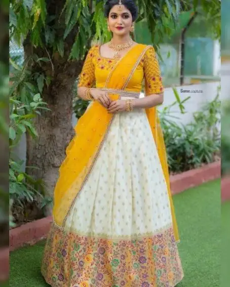 Trendy Orange Lehenga Set With Full Sleeves Blouse