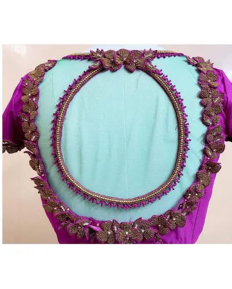 Purple Net Blouse With Border Patch Work And Open Back
