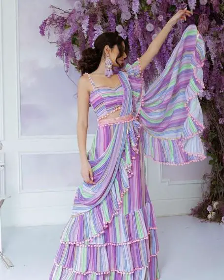 Pleated Pink And Blue Western Saree