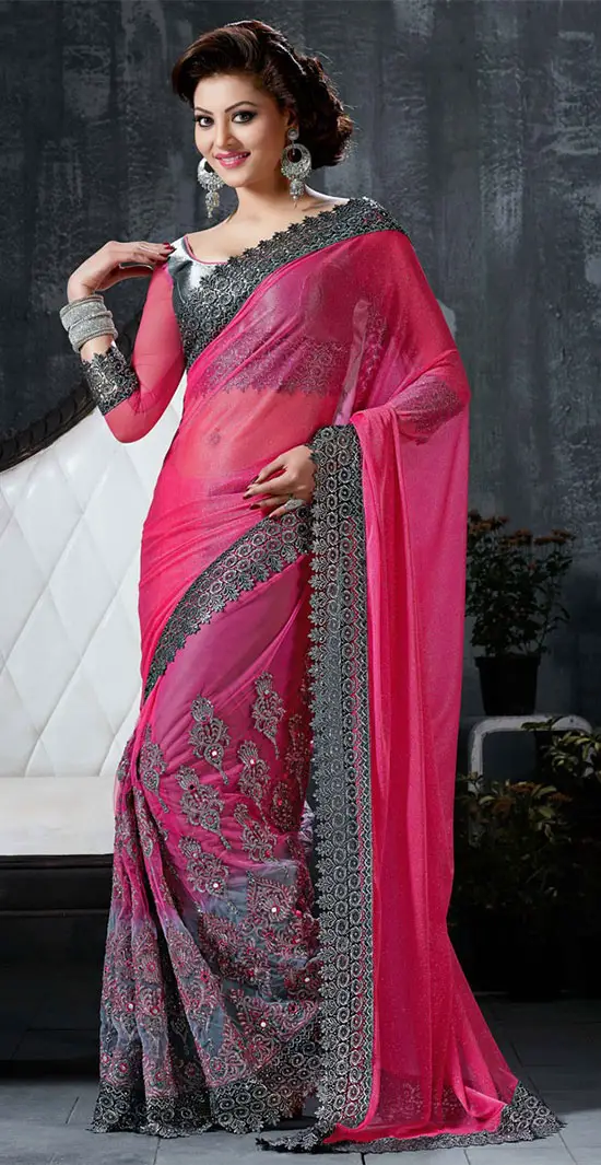 Urvashi Rautela Pink Designer Lycra Net Saree