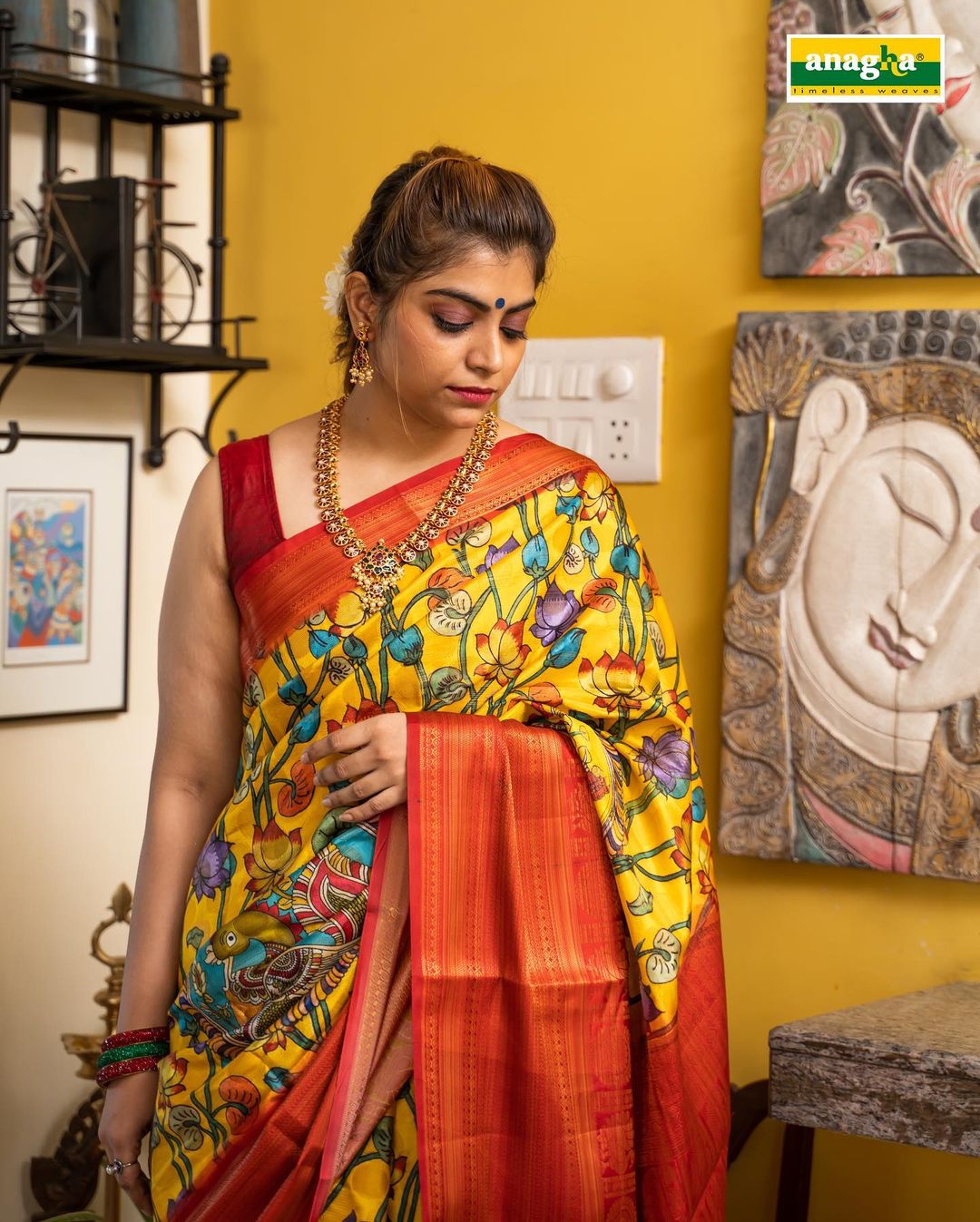 Yellow Pure Tussar Half and Half Saree with Handpainted Kalamkari