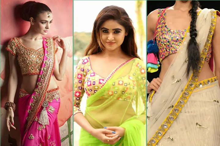 simple mirror work blouse saree designs