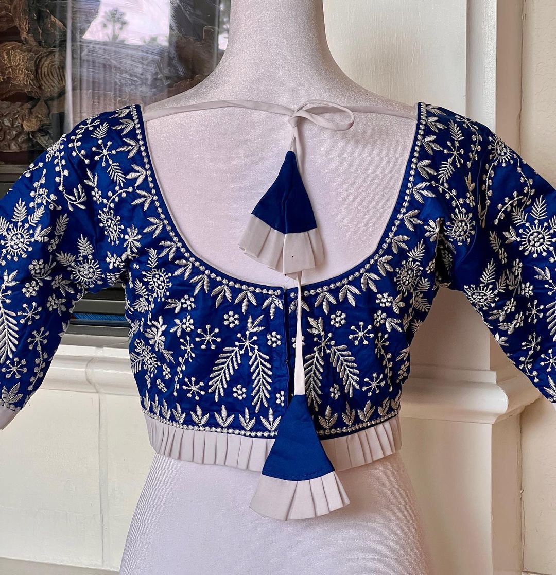 Blue Velvet Blouse Back Neck Design