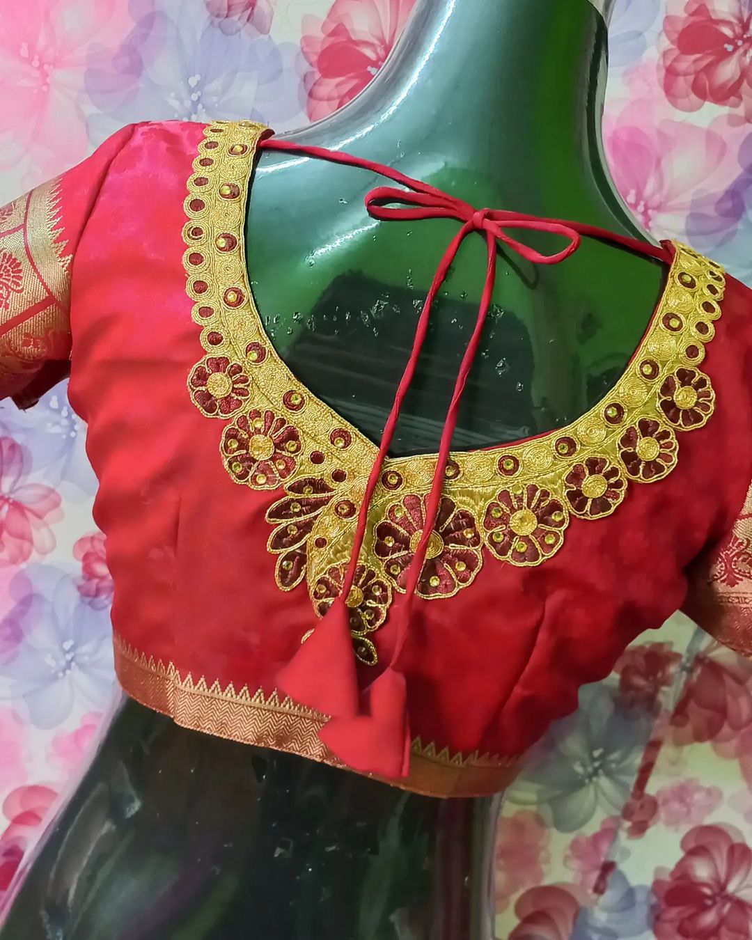 Elaborate Red And Gold Blouse Back Neck Design