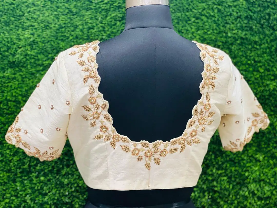 Embroidered Cream Blouse Back Neck Design