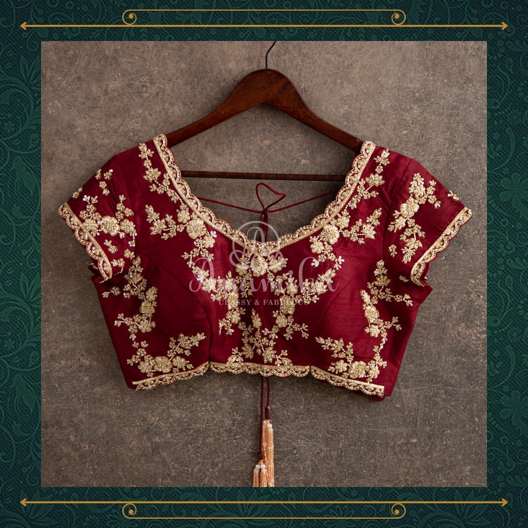 Fancy Embroidered Red And Golden Blouse Back Neck Design