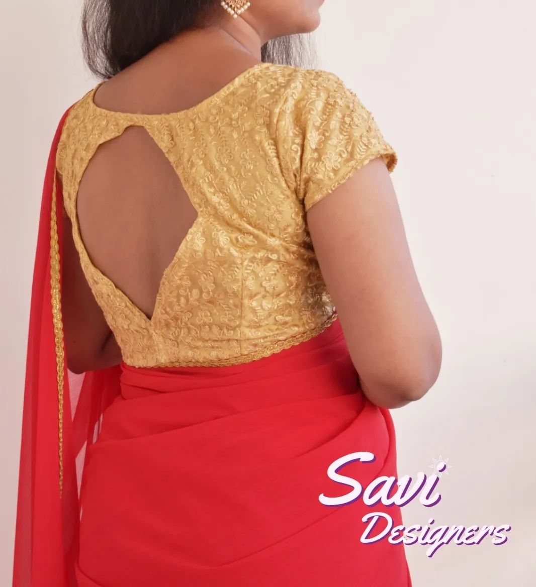 Golden Shine Cut off Back Neck Blouse Design