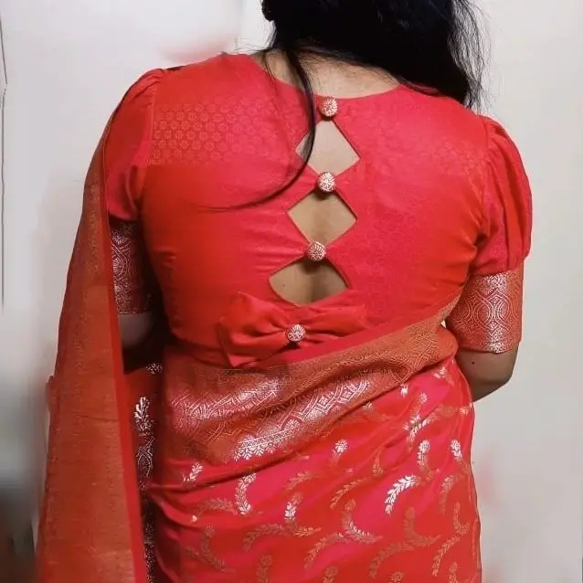 Handcrafted Red Silk Blouse Back Neck Design