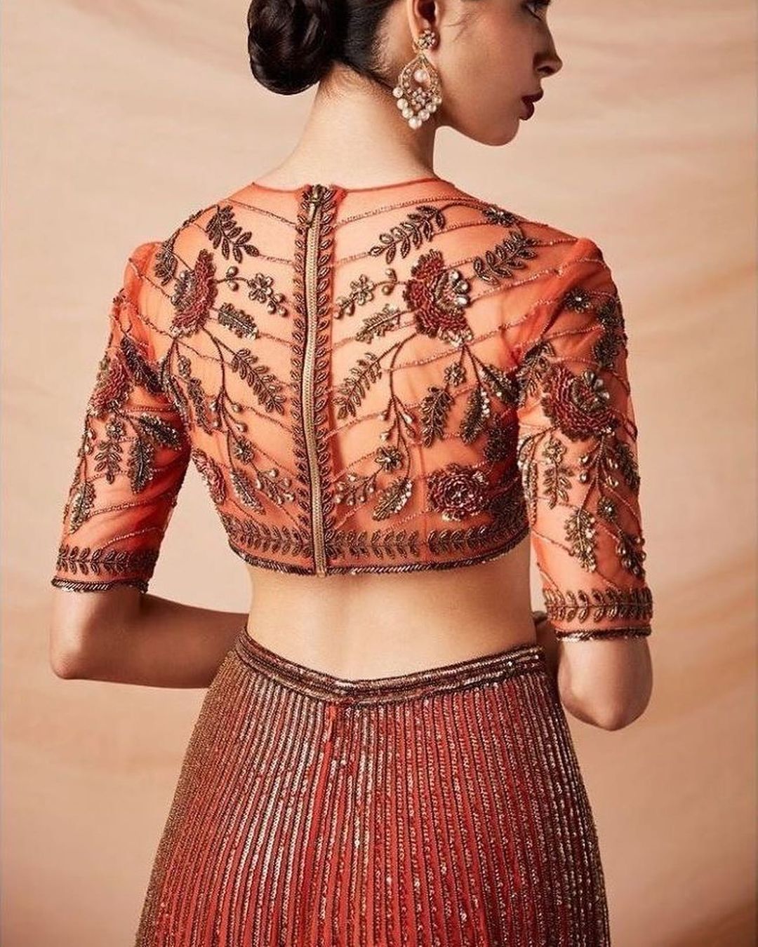 Orange Ethnic Blouse Back Neck Design