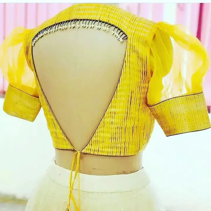 Yellow Sheer Lace Blouse Back Neck Design
