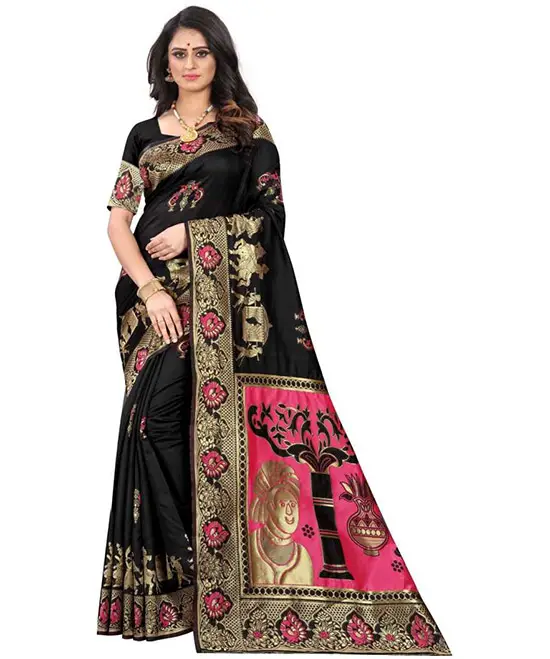Woven Kanjivaram Pure Silk, Poly Silk Saree (Black)