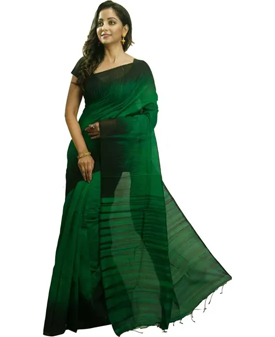  Ikkat Handloom Silk Blend, Pure Cotton Saree (Green, Black)
