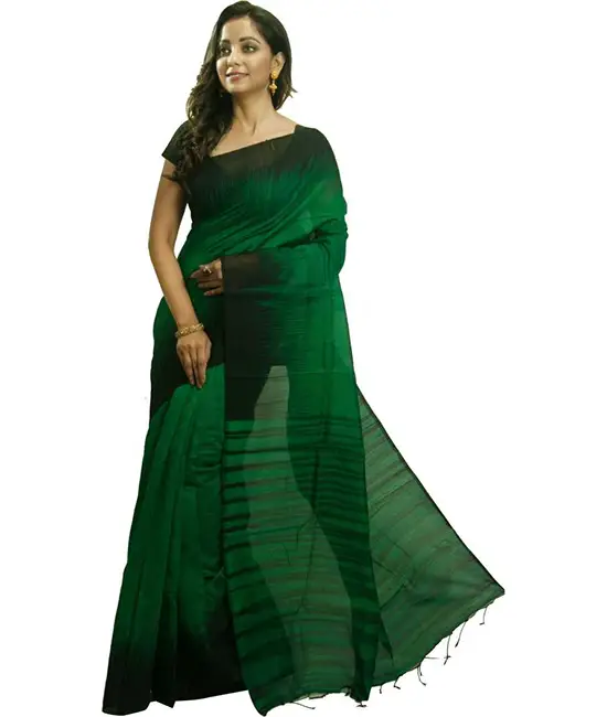  Ikkat Handloom Silk Blend, Pure Cotton Saree (Green, Black)