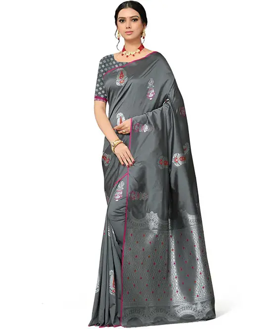 Woven Kanjivaram Silk Blend, Pure Silk Saree (Grey)