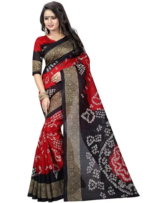  Bandhej Cotton Blend, Art Silk Saree (Red, Black)
