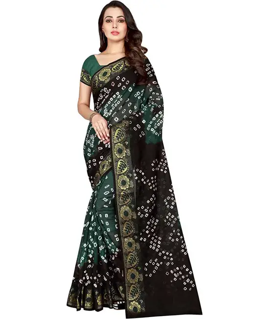 Bandhej Cotton Silk Saree (Dark Green, Black)
