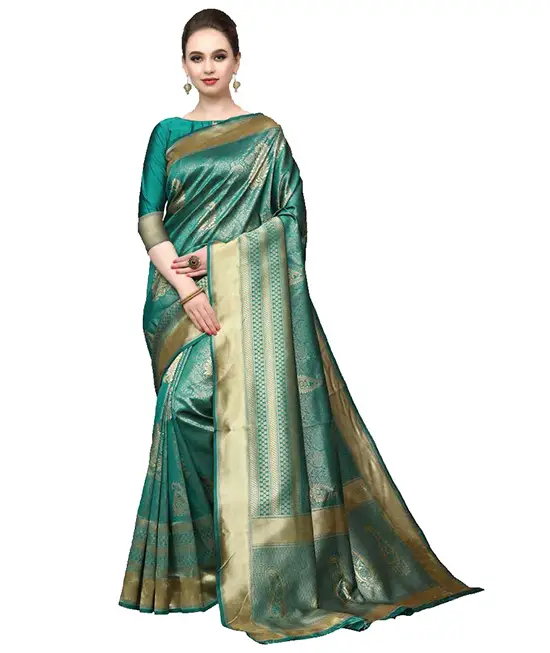  Embellished Green Kanjivaram Silk Blend, Art Silk Saree