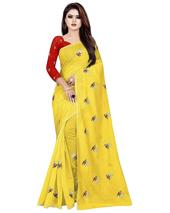 Embroidery Yellow Color Chanderi Cotton Saree