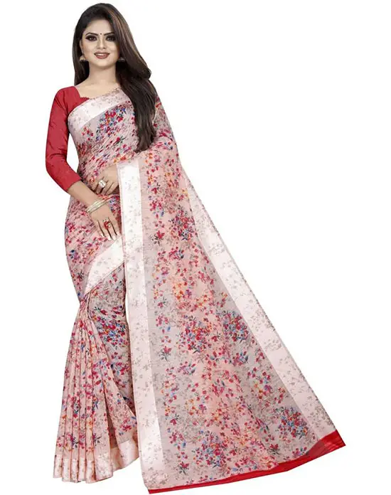 Bomkai Cotton Linen Blend Saree (Red)