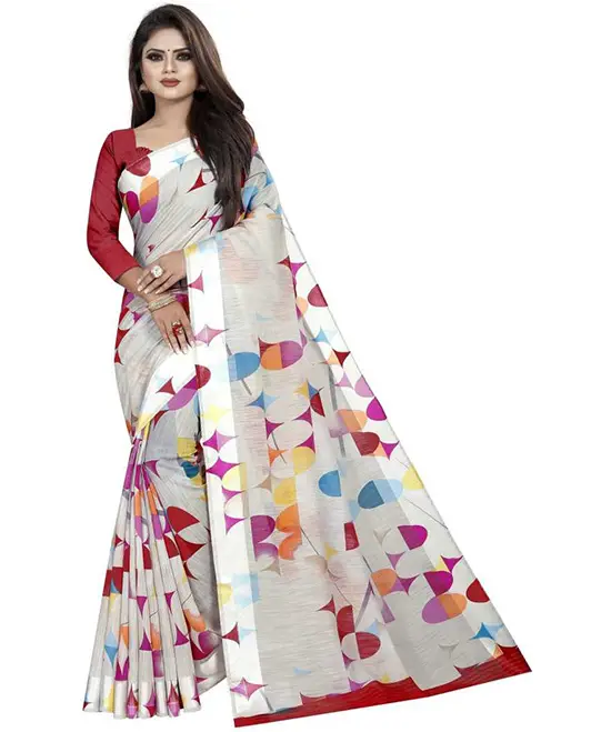 Bomkai Cotton Linen Blend Saree (White)