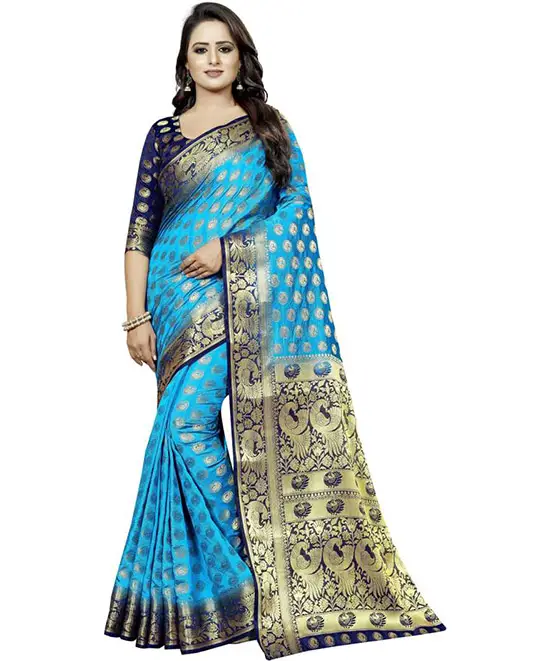Embellished Kanjivaram Cotton Silk Saree (Blue)