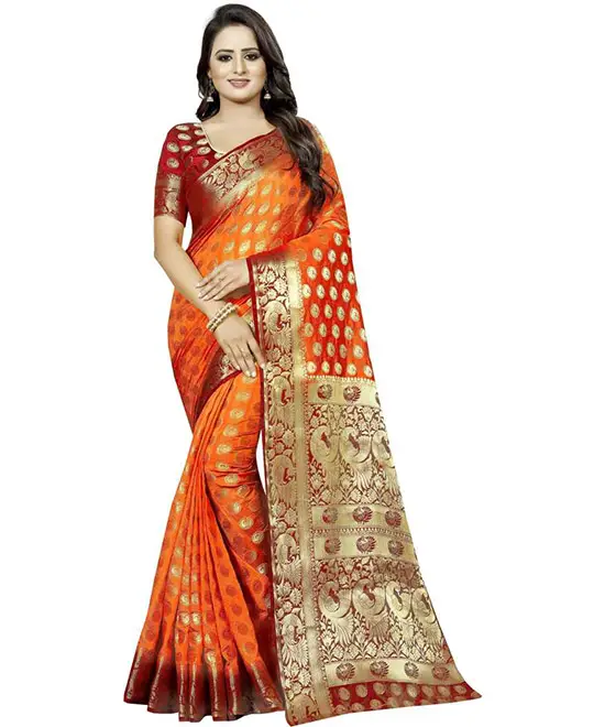 Embellished Kanjivaram Cotton Silk Saree (Orange)
