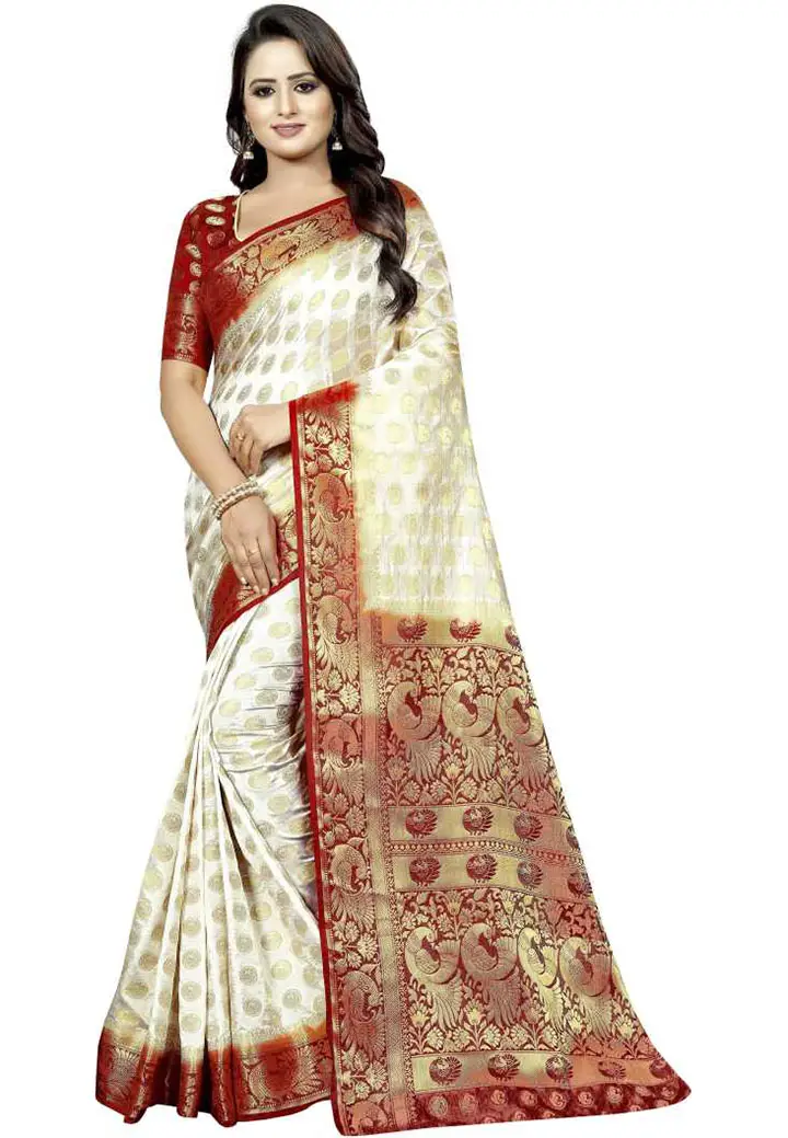 Embellished Kanjivaram Cotton Silk Saree (White)