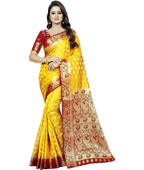 Embellished Kanjivaram Cotton Silk Saree (Yellow)