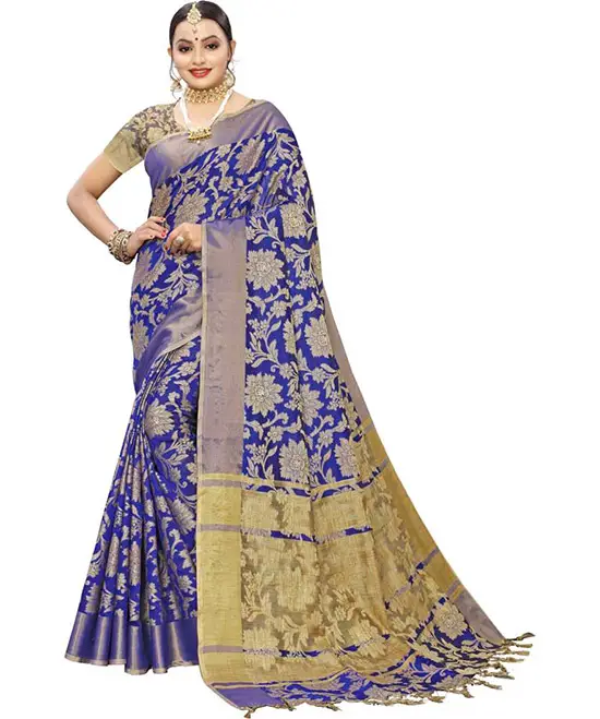 Embellished, Woven Kanjivaram Silk Blend, Jacquard Saree (Blue)
