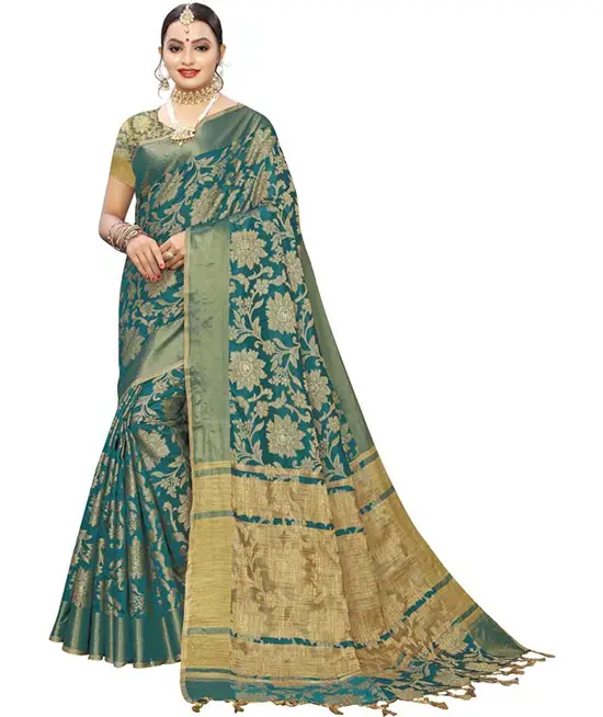 Embellished, Woven Kanjivaram Silk Blend, Jacquard Saree (Green)