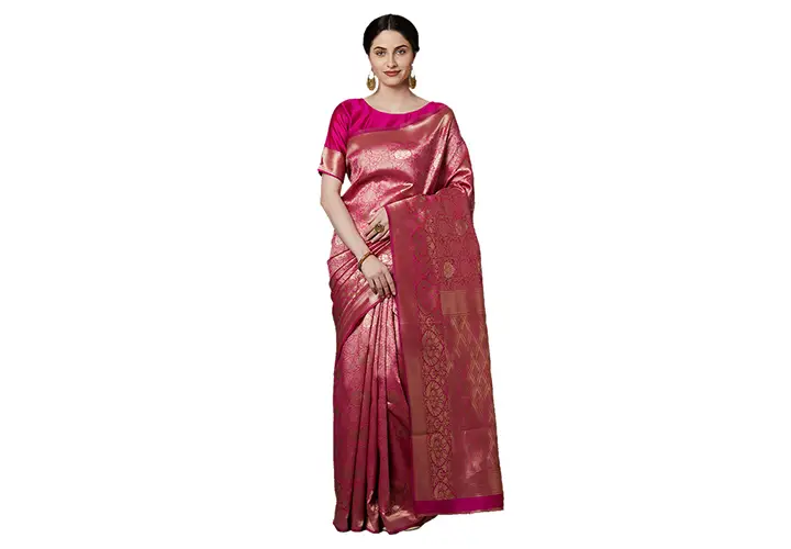 Pink & Gold-Toned Silk Blend Woven Design Banarasi Saree