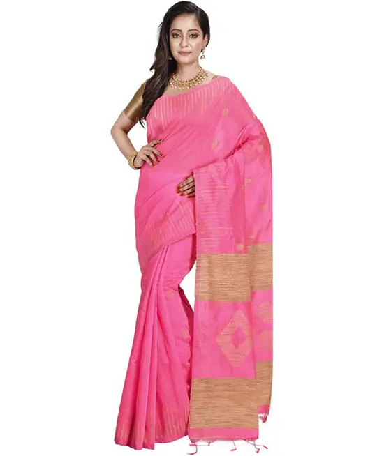  Sambalpuri Handloom Cotton Jute Blend Gold Pink Saree 