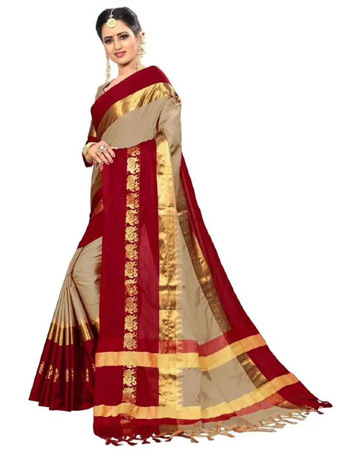 Self Design Kanjivaram Art Silk, Cotton Silk Saree (Maroon, Beige)
