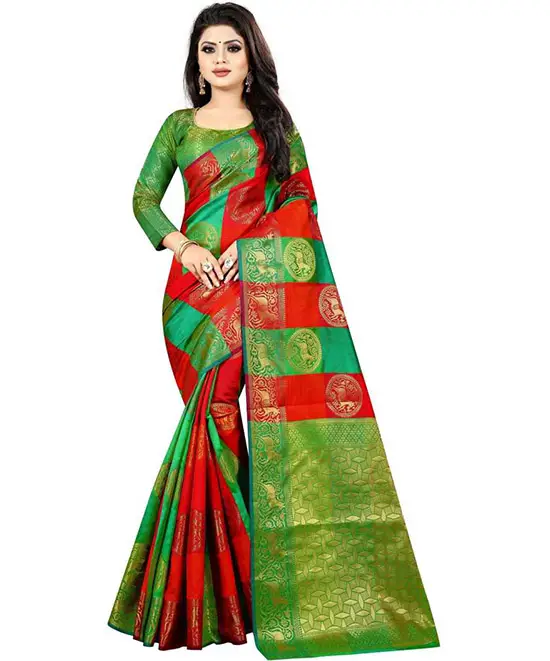 Self Design Patola Cotton Silk Saree (Green)
