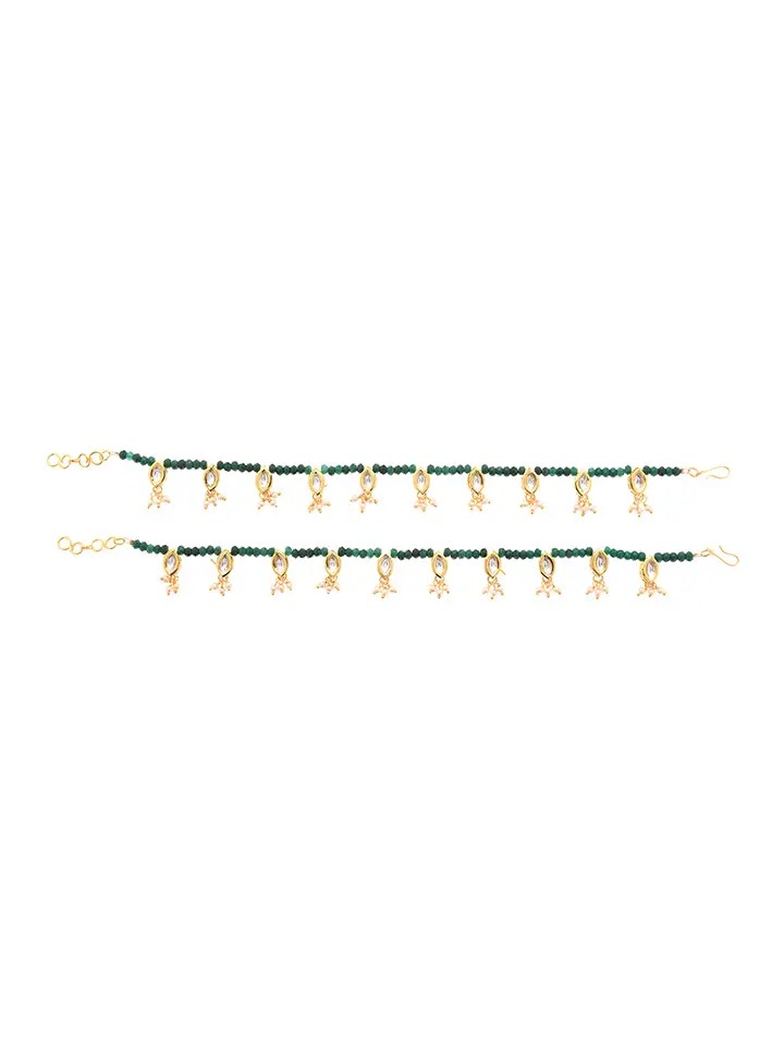 Set of 2 Gold-Toned & Green Beaded Kundan Studded Handcrafted Anklets