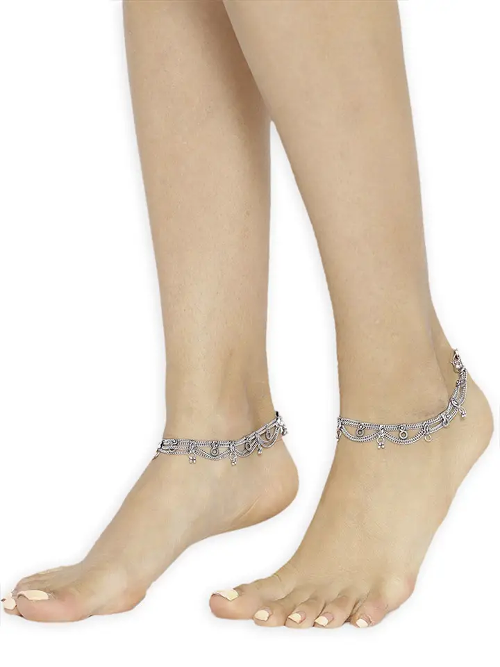 Set of 2 Oxidised Silver-Plated German Silver Multistranded Anklets
