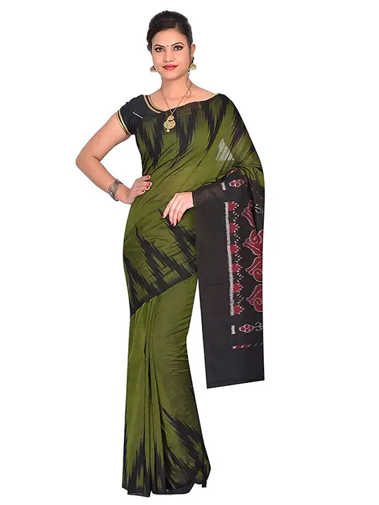 Women's Sambalpuri Ikat Cotton Saree (Green)