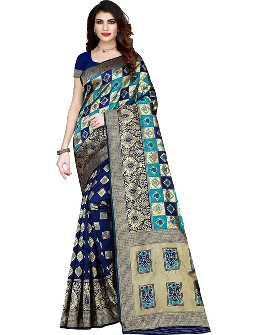 Woven, Checkered Kanjivaram Art Silk Saree (Blue)