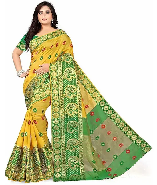 Woven Kanjivaram Cotton Blend Saree (Green, Yellow)