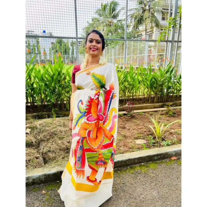 Hand painted Kasavu Cotton Blend Saree