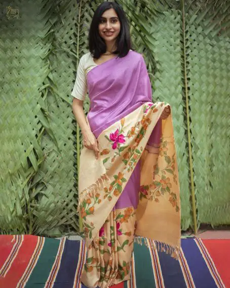 Kanchipuram Silk Lavender Saree With Cream Color