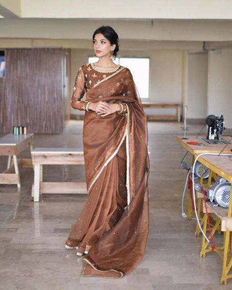 Synthetic Fabric Copper Color Saree With Blouse