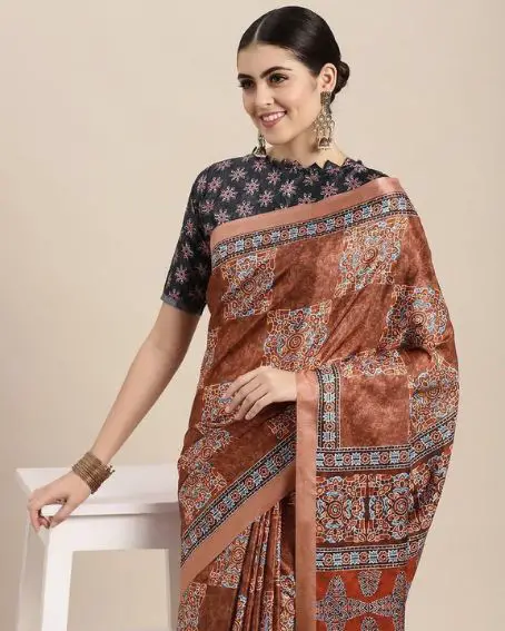 Copper Color Cotton Checkered Pattern Saree With Blouse