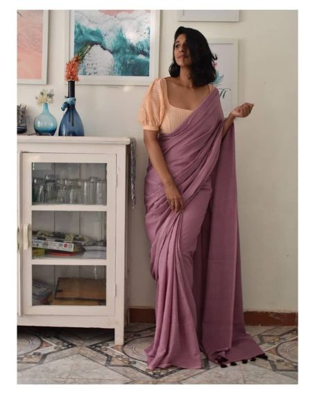 Lavender Saree With Cream Blouse