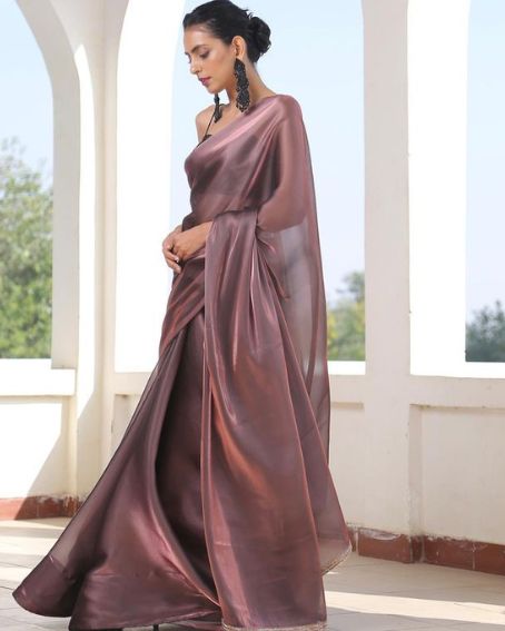Cooper Color Saree With Glossy Texture